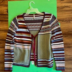 HANNA Andersson sweater. Colorful with burgundy ribbon to tie for front